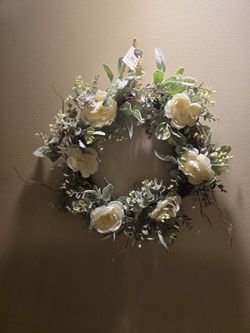 NWT Bloom Room 20" Spring Floral Wreath Faux Ivory Roses Eucalyptus Lambs Ear