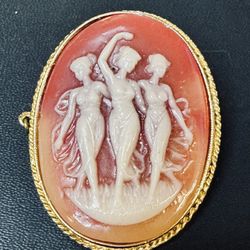 Vtg Sphynx Dancing Nudes Nymphs Pink Goldtone Filigree Victorian Cameo Brooch