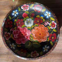 Beautiful Vintage Hand Painted Mexican Batea Painted Wood Bowl Tray