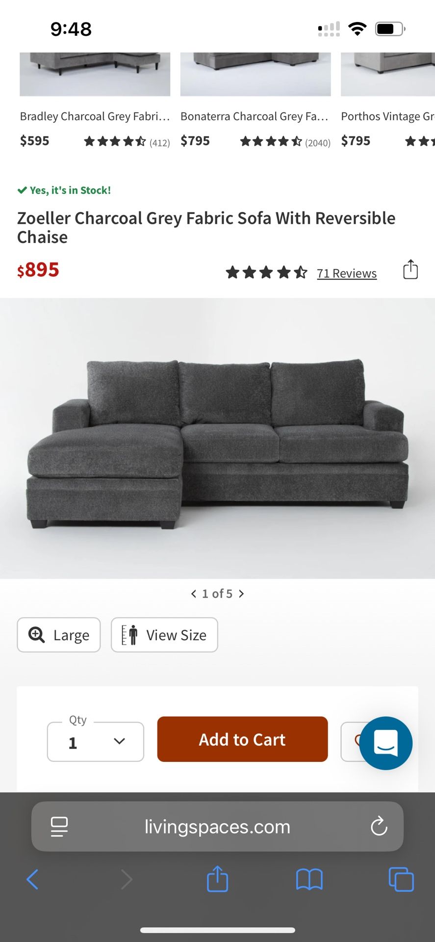 Charcoal Grey Fabric Sofa With Reversible Chaise