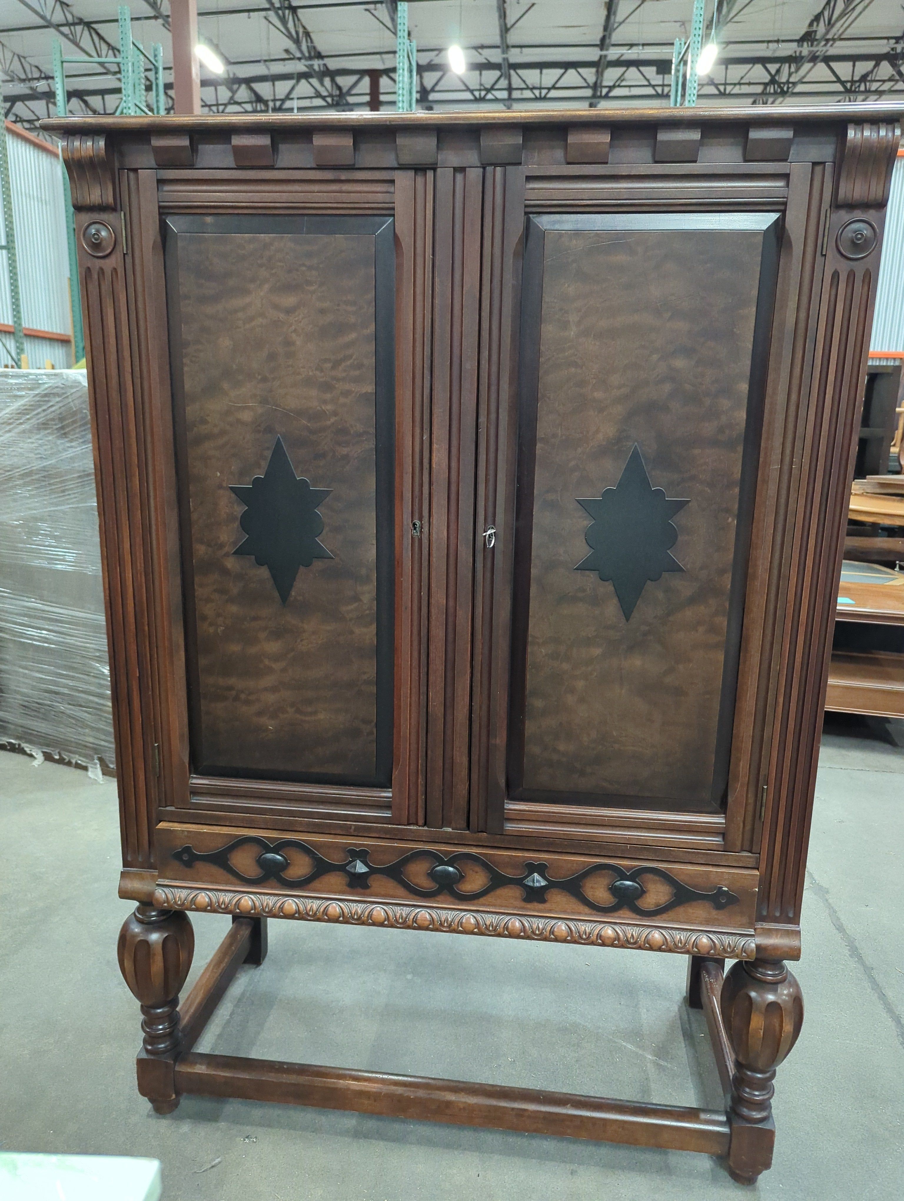 Vintage Dark Wood Display Cabinet with Carved Details