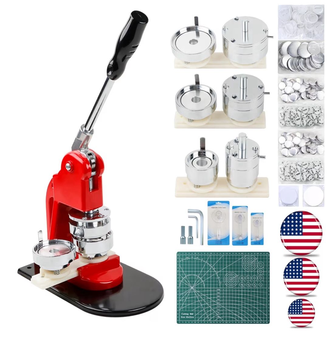 Happizza Button Maker Machine Multiple Sizes 1.25+2.25+3 inch w/300 Sets/Cutter