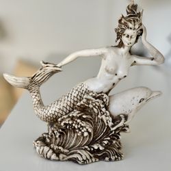 Carved Mermaid Statue With Dolphin