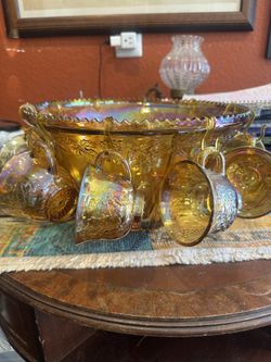 Beautiful Vintage Carnival Glass Punch Bowl set