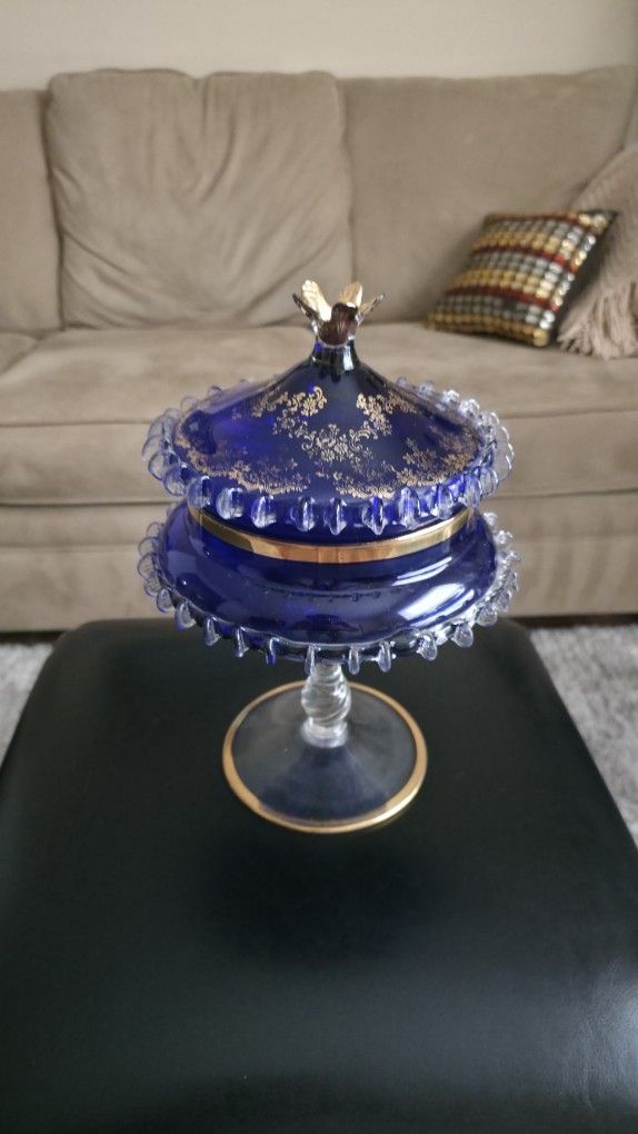 Vintage Murano Cobalt Blue 24k Gold Glass Venetian Apothecary Jar with Lid