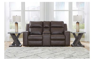 Brown Leather Reclining Loveseat with Console