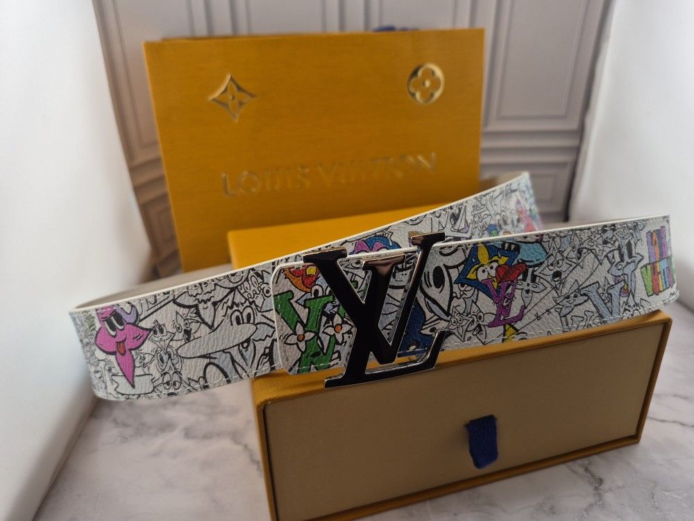 Louis Vuitton Belt 36-41" Mens White Cartoon 