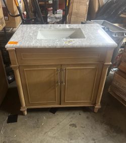 Aberdeen 36 in. Single Sink Freestanding Antique Oak Bath Vanity with Carrara Marble Top (small cosmetic damage, see photos)