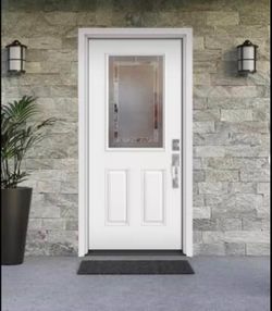 Focus 36in x 80in 1 Panel Left Hand/Inswing 1/2 Lite Decorative Glass Primed White Fiberglass Prehung