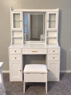 White Vanity Desk with Mirror and Stool