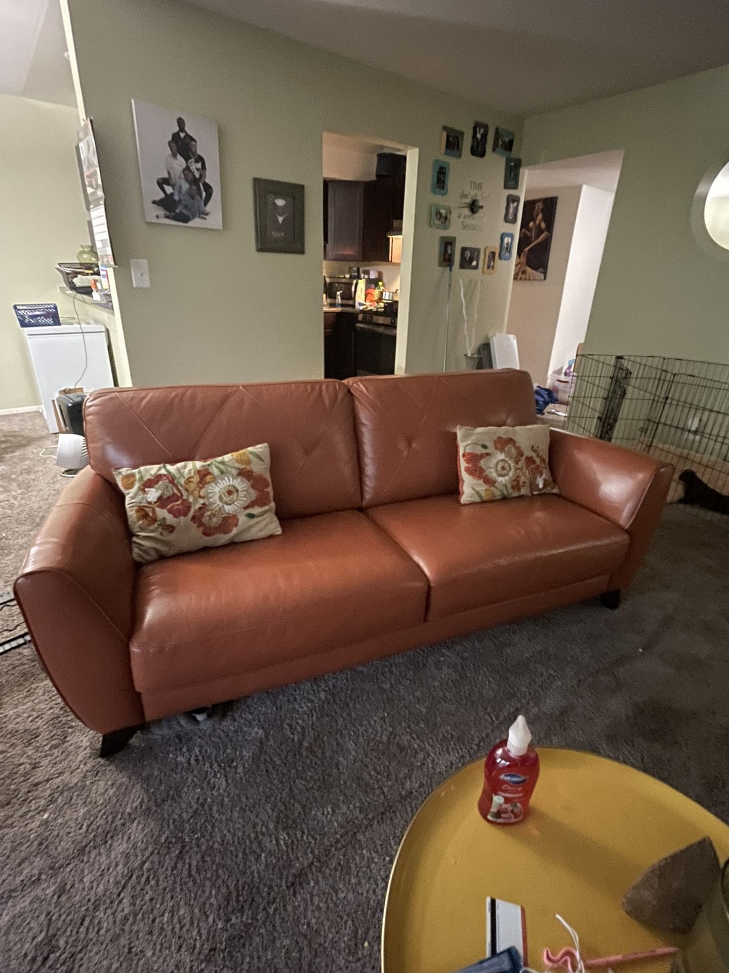 Like New Orange Leather sofa and Olive Green Leather Recliner