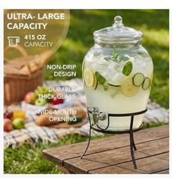 Glass Beverage Drink Dispenser with Metal Rack Stand, 2.64 Gal