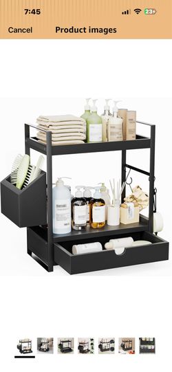 New 2-Tier Bathroom Counter Organizer with Drawer and Basket, Wood Countertop Organizer for Storage, Skincare Organizers for Vanity, Counter Shelf for