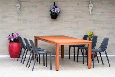 Brand New 7 Piece Rectangular Table With Stackable White Chairs Patio Dining Set | Ideal Furniture Set For Outdoor