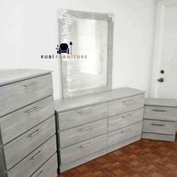 NEW MIRROR DRESSER CHEST AND 1 NIGHTSTAND. SET ALSO SOLD SEPARATELY.  4 PIECES 