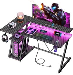40 Inch Gaming Desk with Power Outlet, LED, Carbon Fiber Black L Shaped Computer Gaming Table, Corner Gamer Table, with 3 Tiers Storage Shelves, with