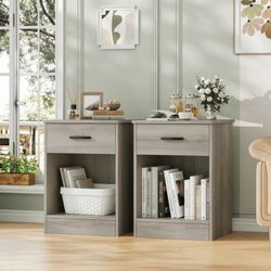 2-Tier Nightstand with Drawer & Storage Shelf, Side End Table for Bedroom Living Room Set of 2, Gray