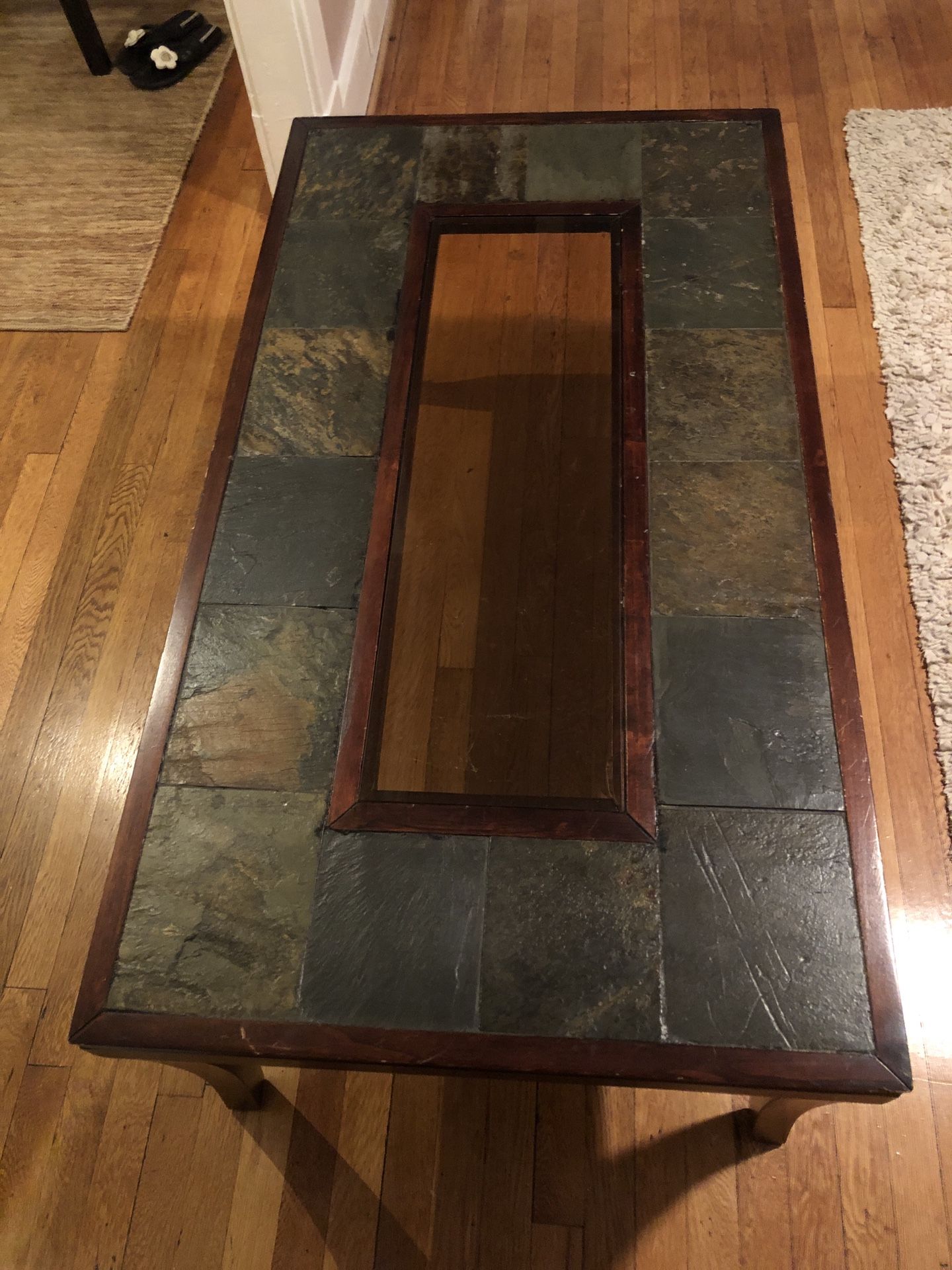 American Furniture Warehouse Slate Inlay and Glass Insert Coffee Table and End Tables