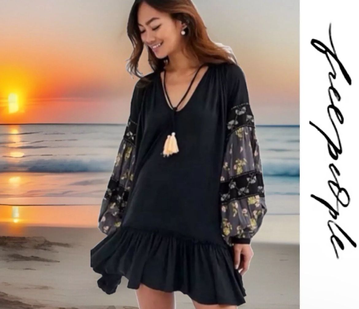 Free People XS Boho Puff Sleeve Black Dress NEW WITH TAGS