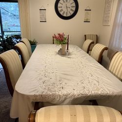 Beautiful Formal Dining Table. Seats 10 With Upholstered Chairs.
