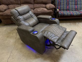 ASHLEY FURNITURE Dark Grey Quilted Leather and Suede Power Reclining Theatre Chair with Cup Holder and LED