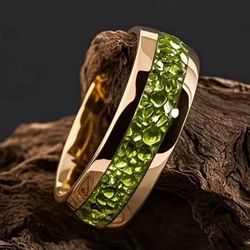 Men's Women's 8mm Tungsten Gold Plated Green Crystal Engagement Wedding Band 13