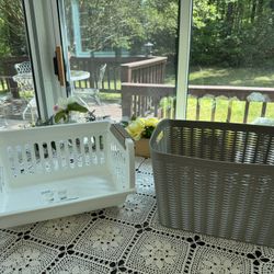 Lot Of 2: Brand New White Plastic Storage Bin with Clips 16x11x7 in.2) Essential Wave Storage Basket 