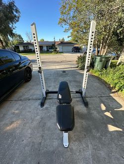 Bench with Ethos Bumper plates and Olympic Bar
