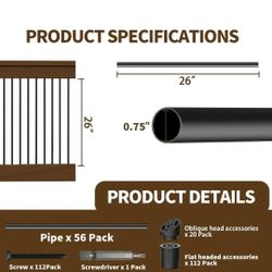 Brand New 56 Pack 26” Aluminum Deck Balusters – 3/4” Round Black Railings, Commercial Grade