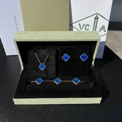 18k yellow gold Van cleef style Blue Agate clover shape stone bracelet necklace earrings set