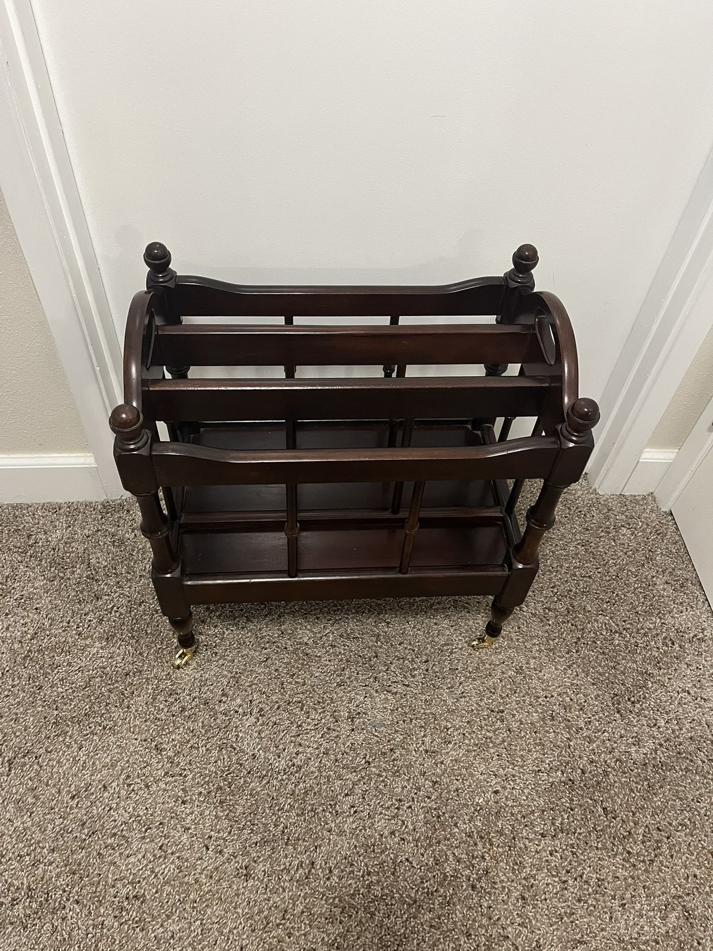 Antique Canterbury Style Mahogany Magazine Rack / Vintage Rolling Record Cart