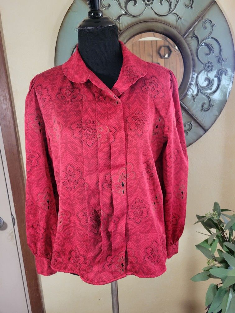 Vintage Women’s Haberdashery Personal Petites Button Pleated Red Blouse Sz 6