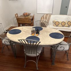 5 Piece Dining Set Oval Travertine Table w Metal Base