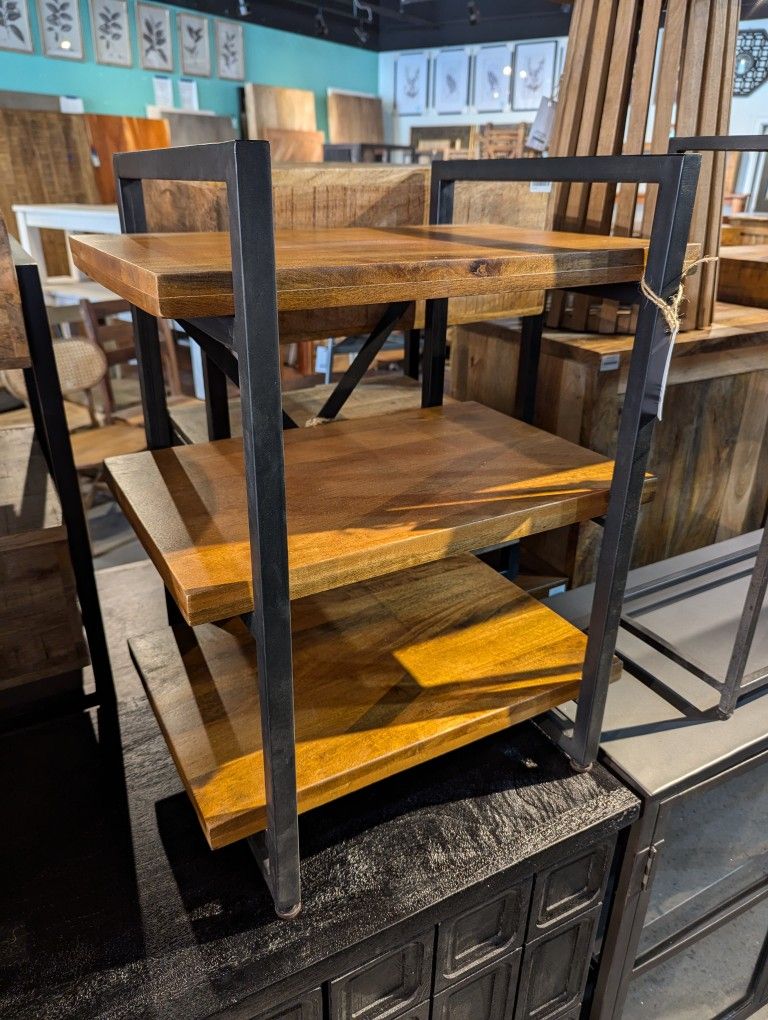 Three Shelf Iron And Mango Wood End Table