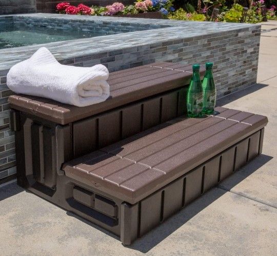 Universal 2 Slip-Resistant Spa & Hot Tub Step Outdoor Indoor Compartment Spa Step with Storage, Brown/Black

