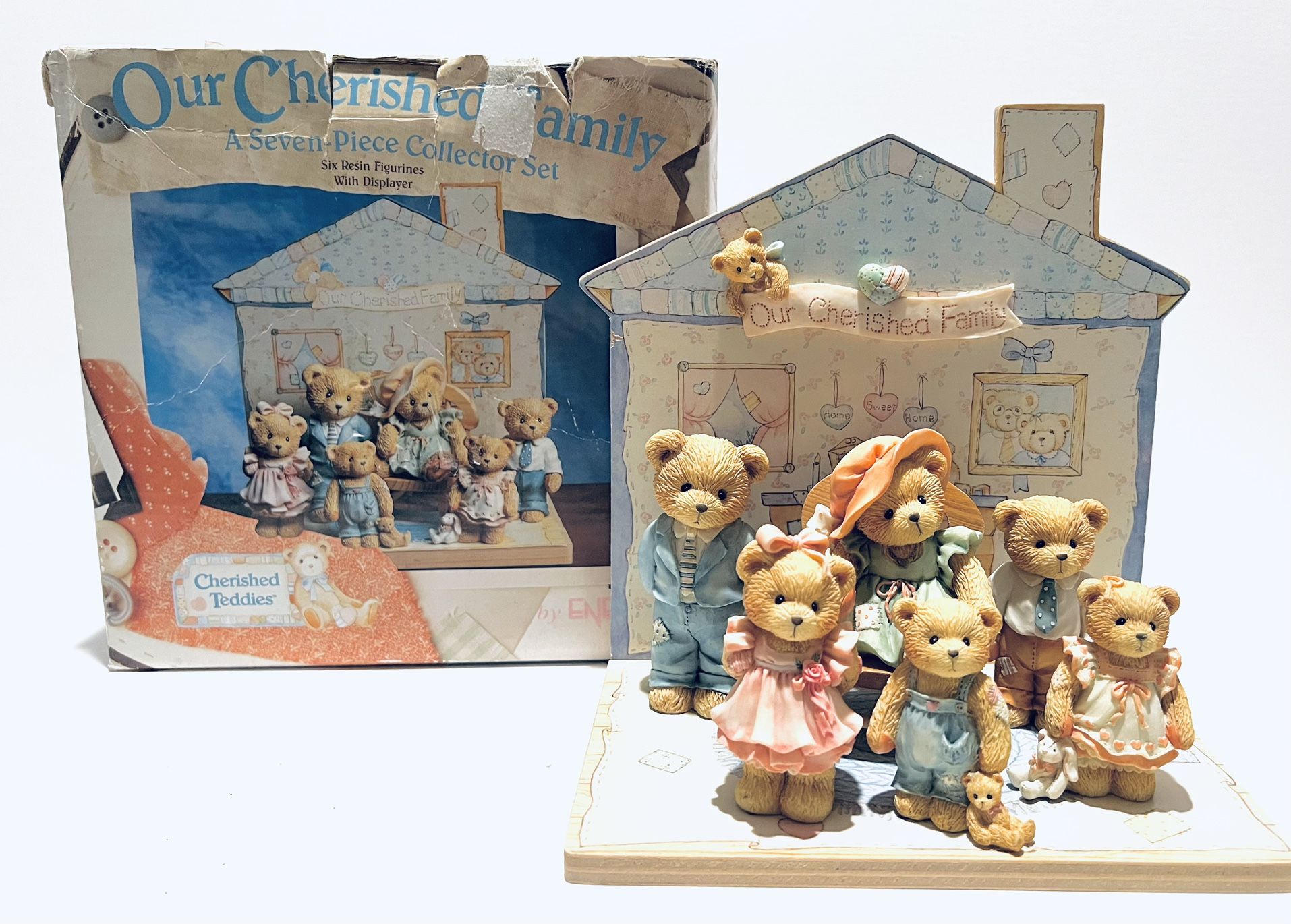 Vintage 1993 Cherished Teddie / Cherished Family Set of 7 with Display + Box