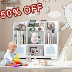 CLEARANCE  6-Cube Kids Bookcase with 3-tier Book Racks, 2 Movable Drawers Toy Storage Organizer for Kidroom, White