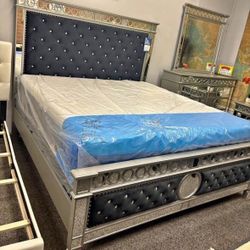 NEW IN BOX- Queen Size Glam Silver and Black Velvet on Headboard Bed Frame FINANCE AVAILABLE