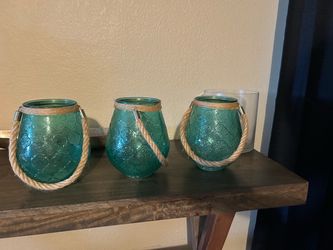 Teal Glass Lanterns with Rope Handle – Set of 3