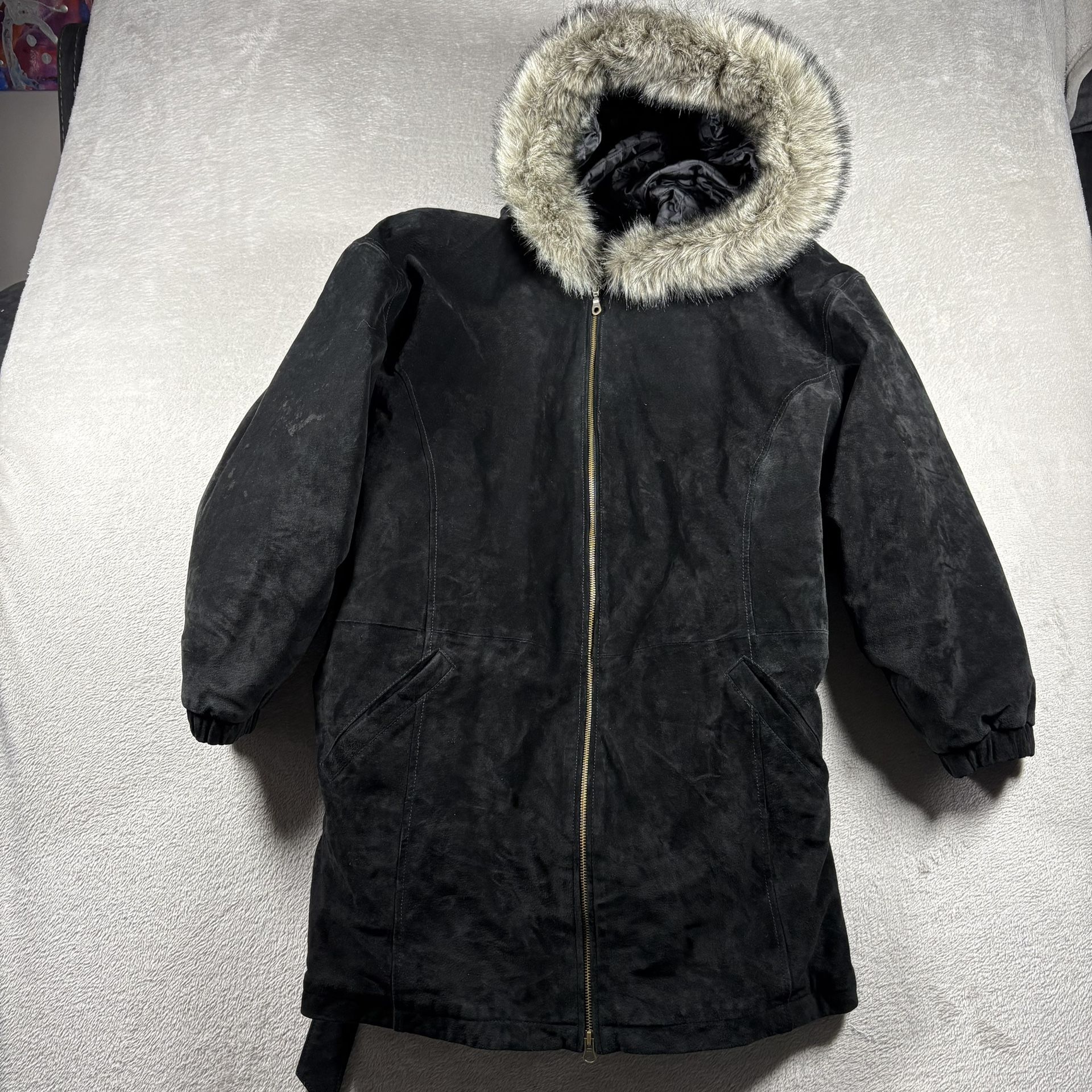 Vintage Wilsons Leather Adventure Bound Women’s XL Black Suede Jacket Fur Hood