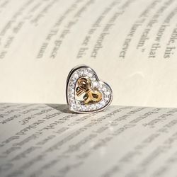 Heart Charm Bead with Bow & Diamond Halo, Romantic Design, Fits Pandora Bracelets