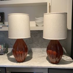 Mid-Century Modern Pair of Lamps (2) - Amber/Burnt Orange With Shades.
