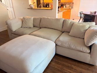 Zone Cream White Fabric 124" 4 Piece Modular L-Shaped Sectional with 2 Corners 1 Armless Chair & 43" Oversized Square Ottoman