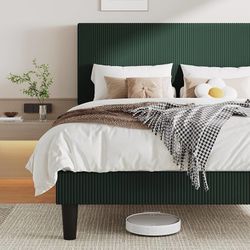 Queen Bed Frame, Corduroy Tufted Headboard, Dark Green