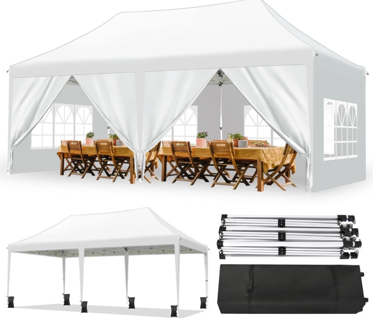Canopy 10x20 Pop Up Canopy Tent with 6 Sidewalls and Window, Ez Pop Up Instant Shade Gazebo for Outdoor Events, Party and Patio with Wheeled Bag(10x20