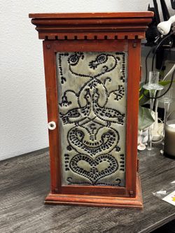 Vintage 1973 Wilton-Lee 4 Drawer Wood Cabinet Punched Tin Folk Art