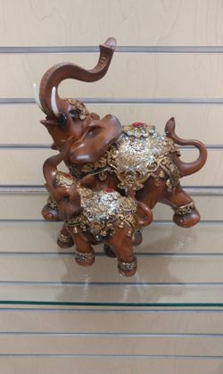 Duo Elephants Figurine / Statuette _ resin ( NEW ) brown & gold