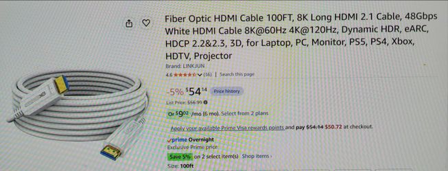 New! Black fiber optic HDMI 2.1 cable, 100ft, 8k 48Gbps