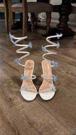 WINDSOR heels, white, blue butterfly, sparkles.