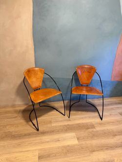 Vintage Italian Leather + Black Metal Chairs | Set of 2